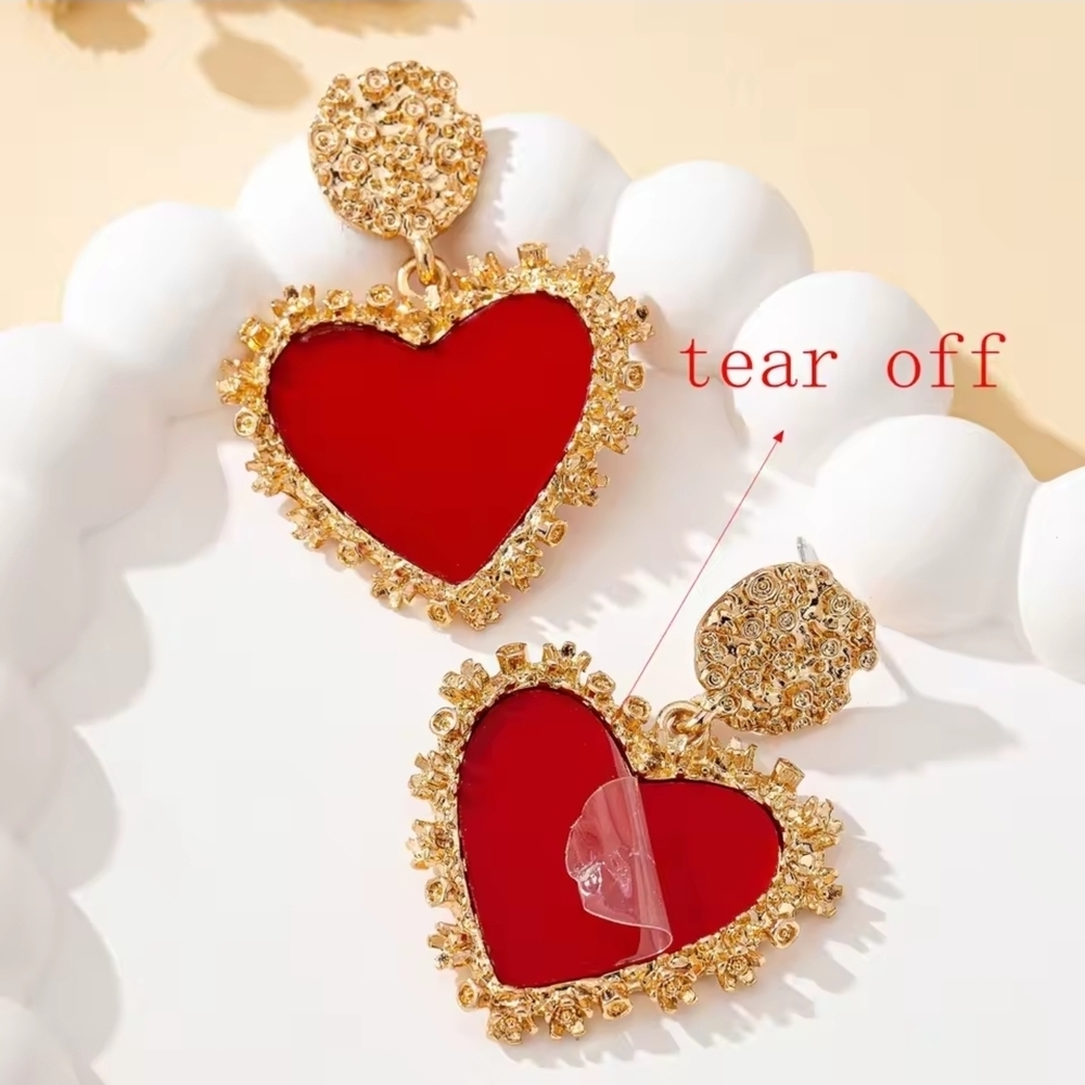 Gold and Red Heart Earrings - Picture 2 of 5